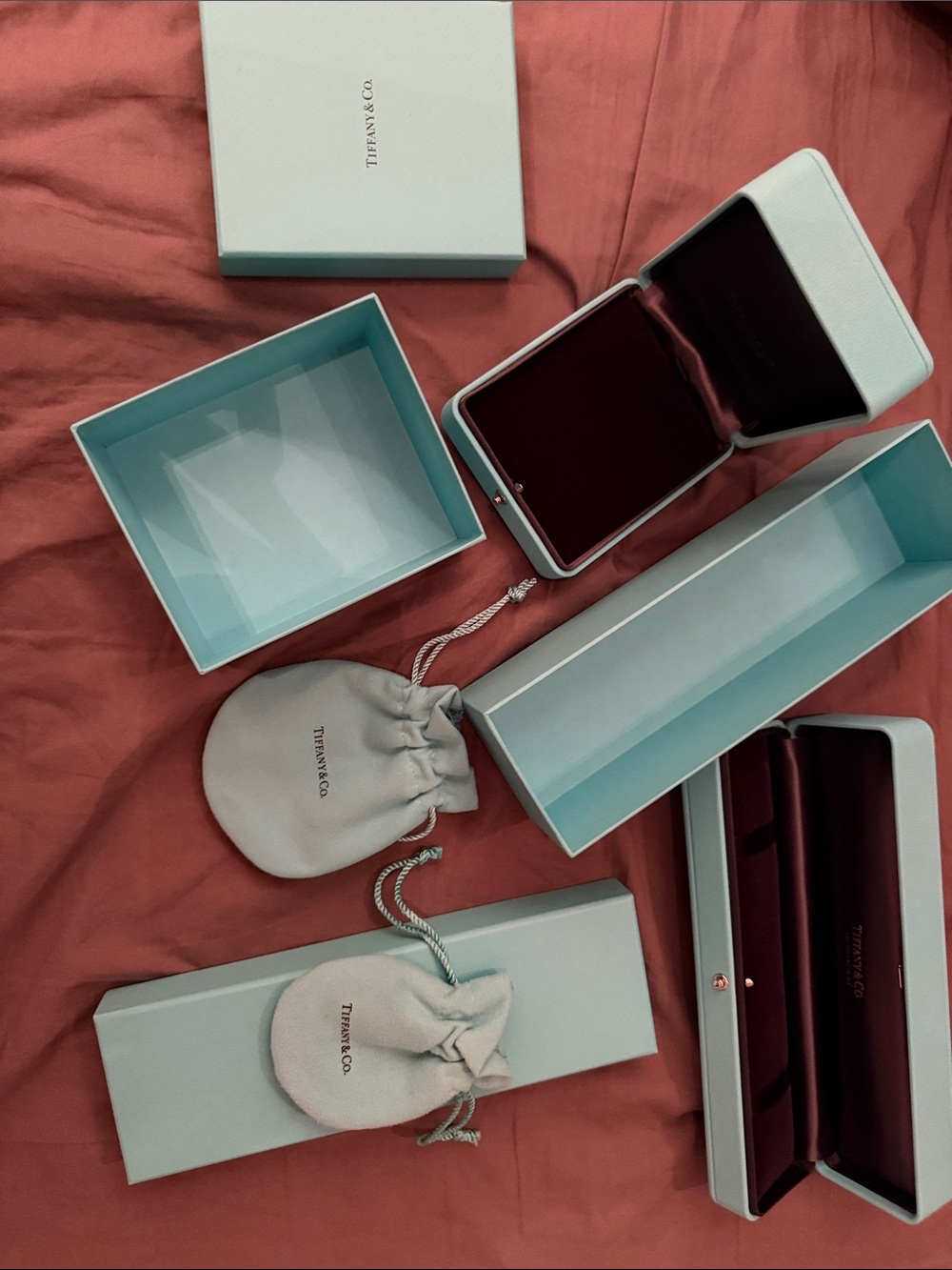 Tiffany & Co. Jewelry Boxes and Pouches in Tiffany Blue with Burgundy Interiors